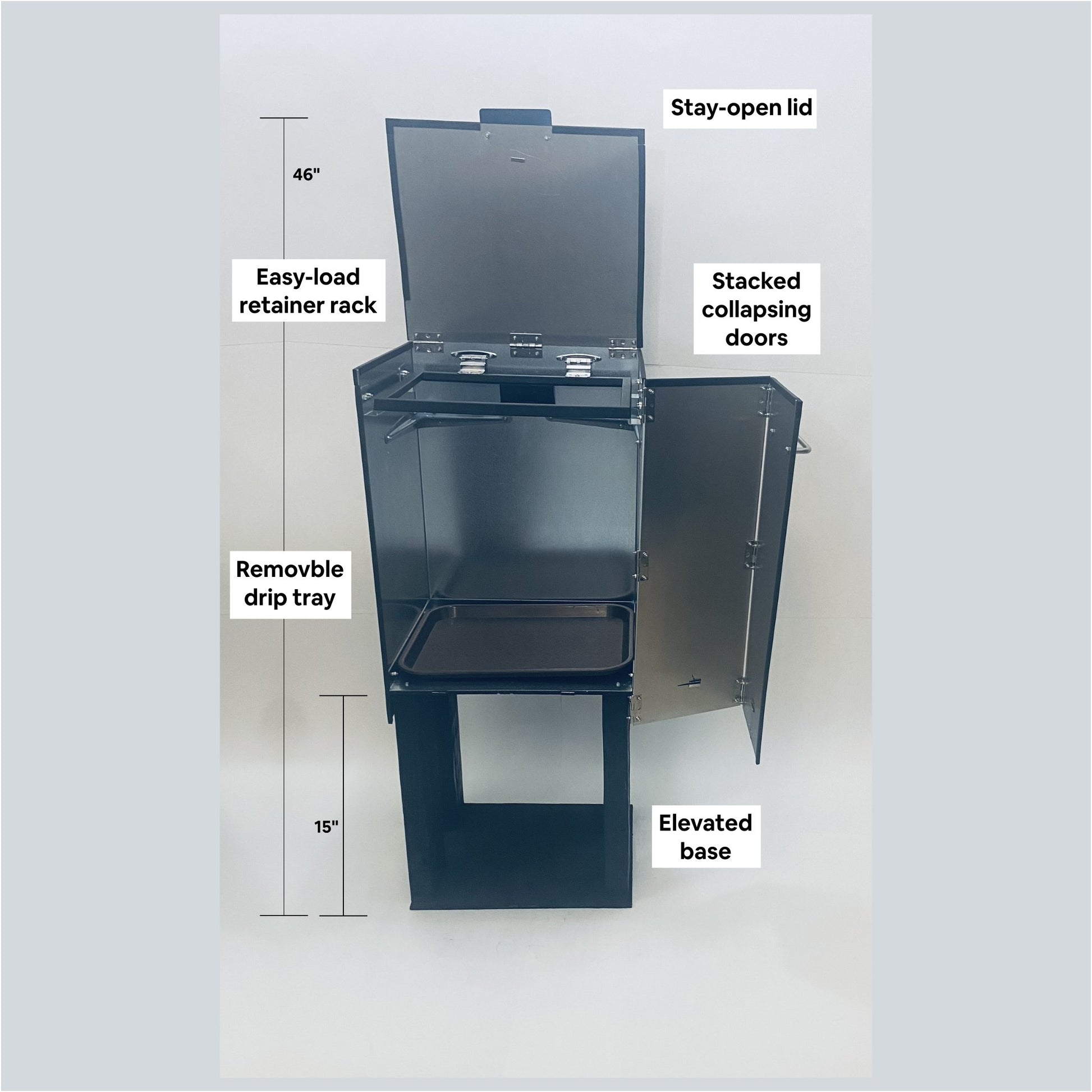 The DorrCan shown with the door and lid fully open, detailing features including the stay open lid, the easy load retainer rack, the stacked collapsing doors, the removable drip tray, the elvated base, and dimension lines howing 46" from the bottom of the base to the top of the open lid and 15" from the bottom of the base to the bottom of the cabinet