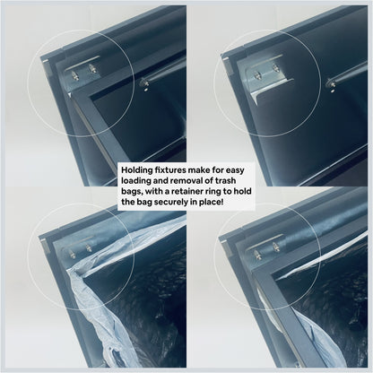 Four close views of the DorrCan showing the retainer rack and holding fixtures that allow for eay laoding and removal of trash bags. Top left: retainer rack fixed to holding fixture with no bag, top right: retainer rack moved to expose holding fixture with no bag, bottom left: retainer rack moved to expse holding fixture with a bag, bottom right: retainer rack seuring a bag onto the holding fixture